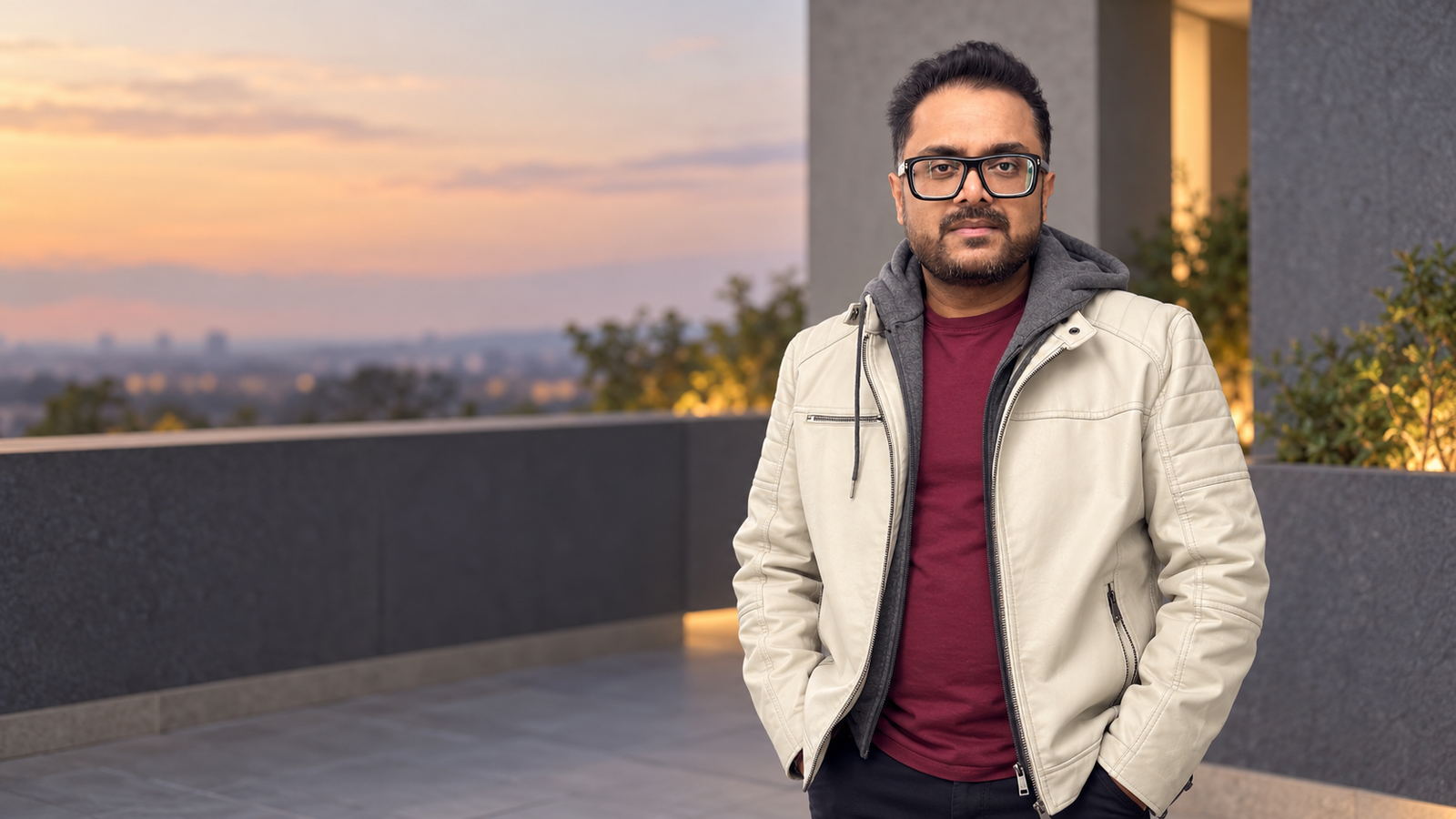 Editorial portrait of Sumit Srivastava in a light jacket and black glasses
